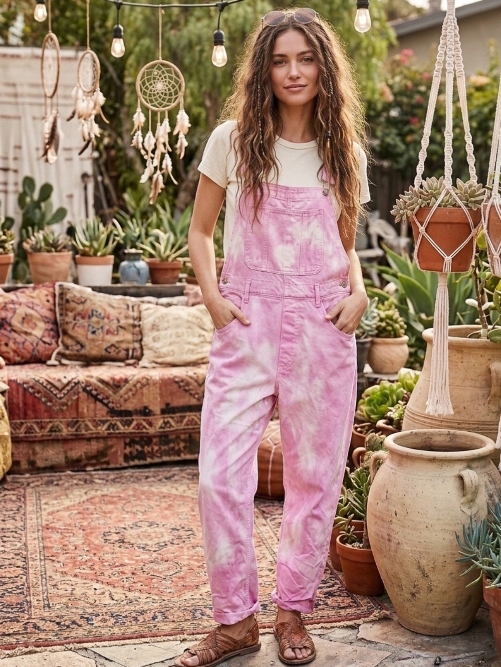 Free People We The Free Iggy Denim Overalls Pink Tie Dye Straight Leg Size L